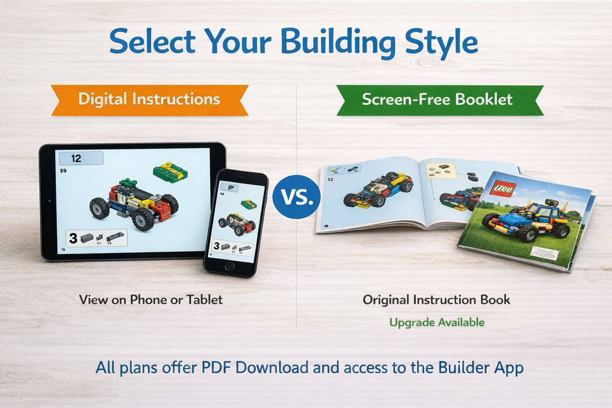Lego Rental Comparison of digital and screen-free instruction methods for building with a tablet, phone, and open book showing LEGO models.