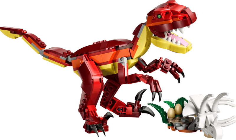 Lego Rental 31379 Red dinosaur-like creature made of interlocking bricks on a clear background