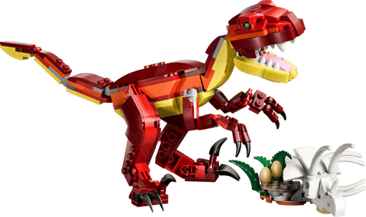 Lego Rental 31379 Red dinosaur-like creature made of interlocking bricks on a clear background