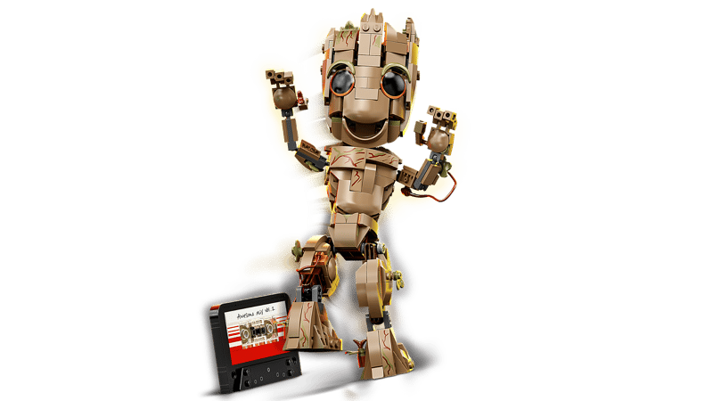 Lego rental Toy figure of a robot with a screen displaying text on a green background