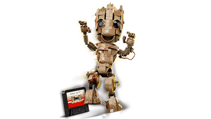 Lego rental Toy figure of a robot with a screen displaying text on a green background