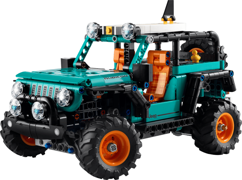 Lego Rental Toy jeep model made of interlocking bricks on a transparent background