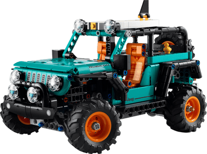 Lego Rental Toy jeep model made of interlocking bricks on a transparent background