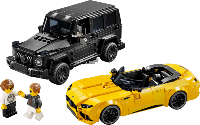 Lego Rental Black SUV and yellow convertible toy cars with two figures on a transparent background
