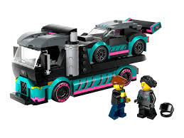 lego rental Toy truck with a car on a trailer and two figures on a white background