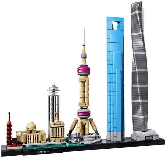 Lego Rental Model of Shanghai skyline made from building blocks on a white background