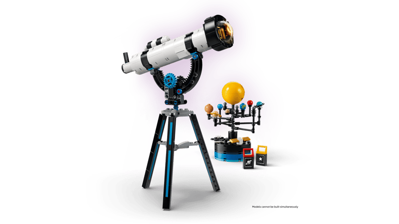 Lego Rental 31378 Toy telescope on a stand with colorful planets and stars against a purple background