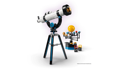 Lego Rental 31378 Toy telescope on a stand with colorful planets and stars against a purple background