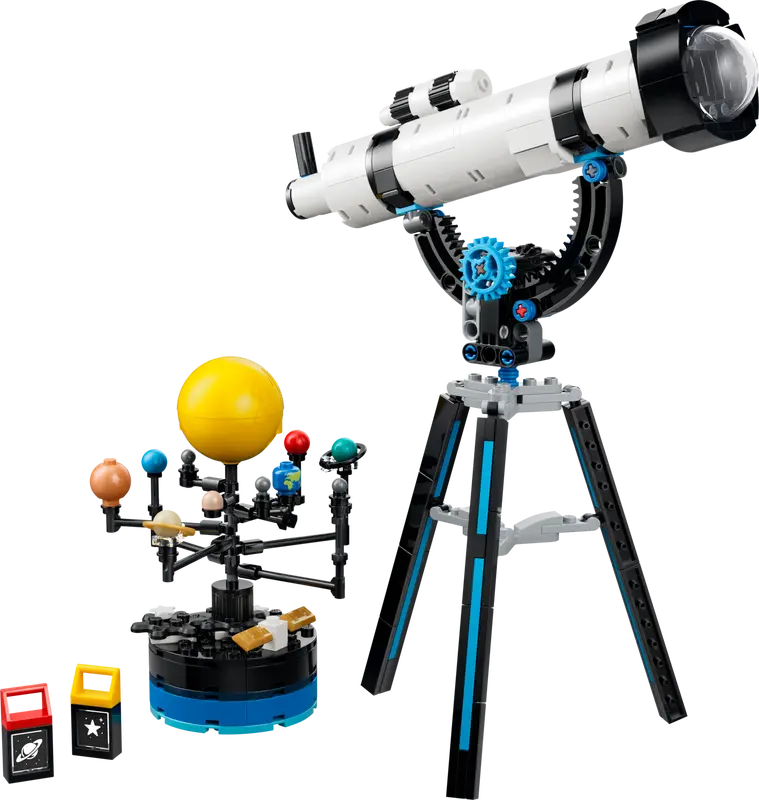LEGO rental telescope set with planets and stars on a white background