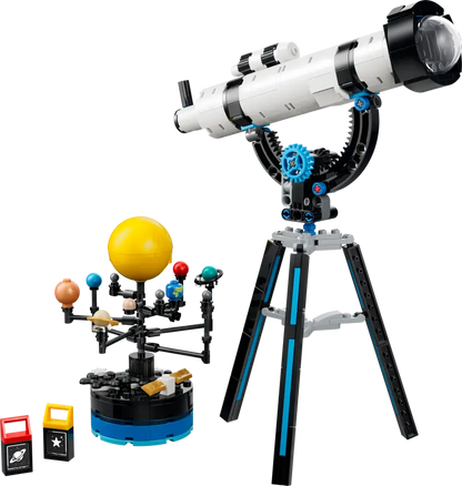LEGO rental telescope set with planets and stars on a white background