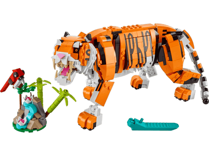 lego rental Toy tiger figure with a small green island and bird on a transparent background